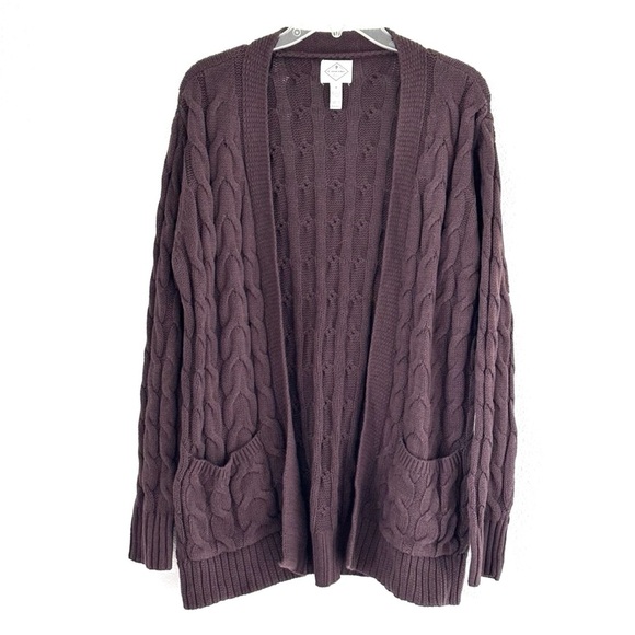 St. John’s Bay Women's Dark Brown Long Sleeve Open Front Cable Knit Cardigan - Picture 2 of 3